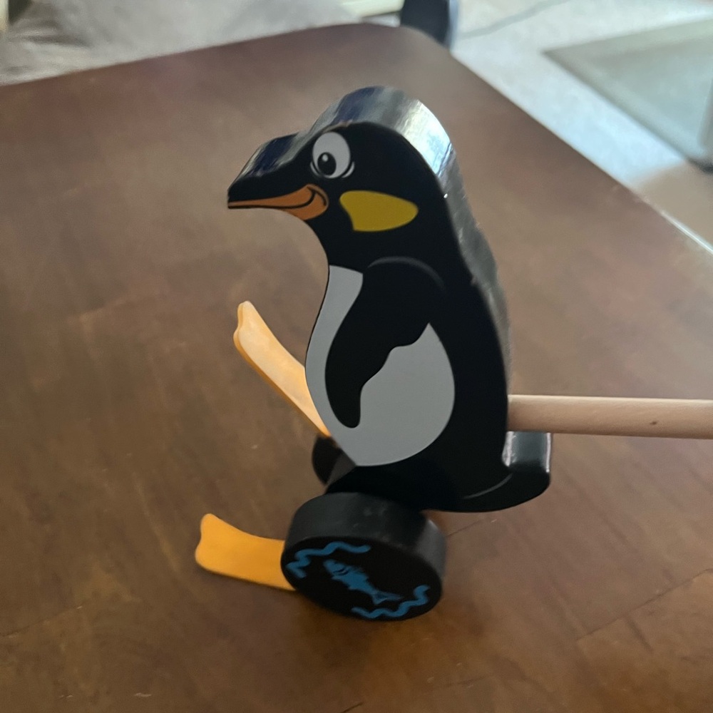 Wooden Penguin Push Toy - Black and Orange